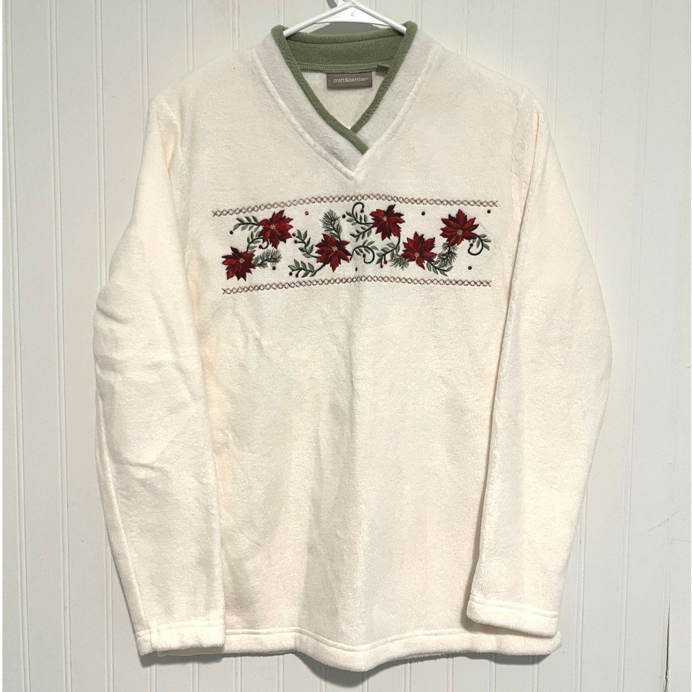 Croft & Barrow Fleece Pullover Women S White Poinsettia Embroidery